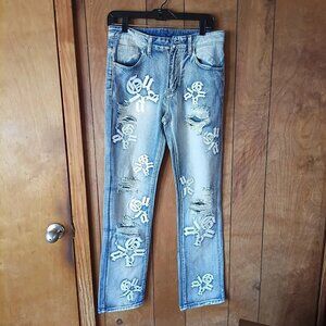 Y2K Gothic Letter Patch Distressed Jeans Womens Size S Punk Style Missing Button
